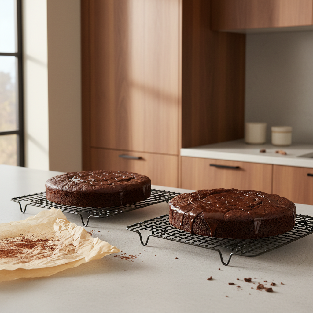 Two chocolate cake layers cooling on wire racks