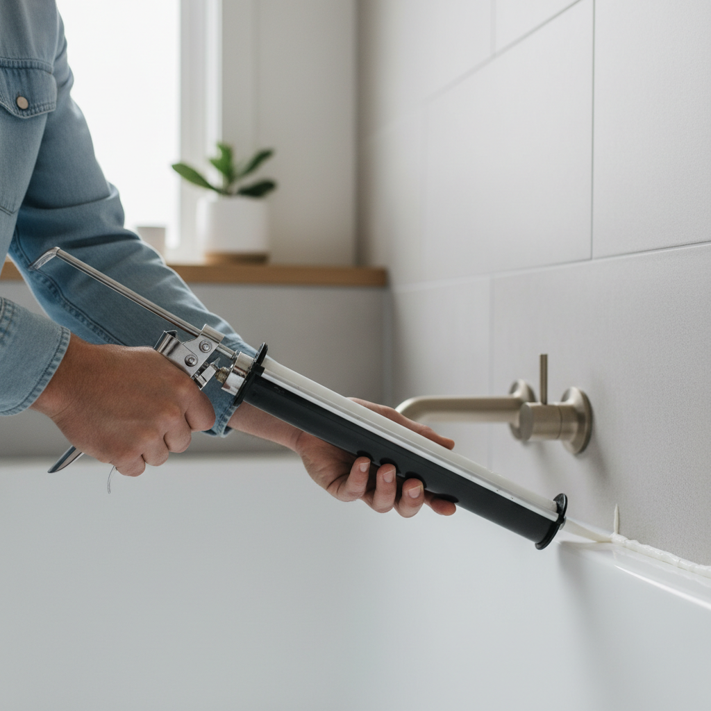 Applying bathroom silicone with a caulking gun for home repairs