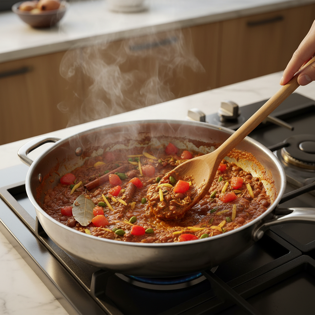 Rajma masala base cooking down in a skillet with onions tomatoes and spices
