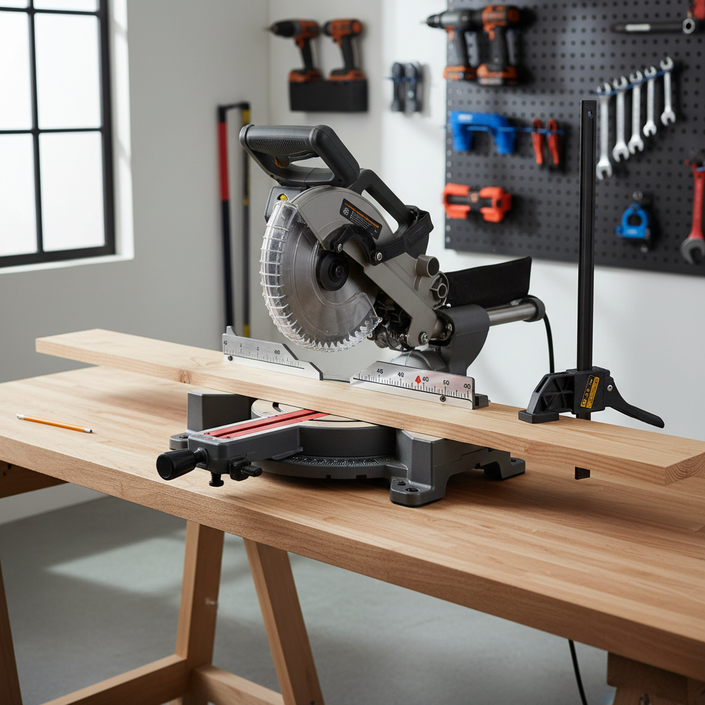 Miter saw set to 45 degrees with board against fence
