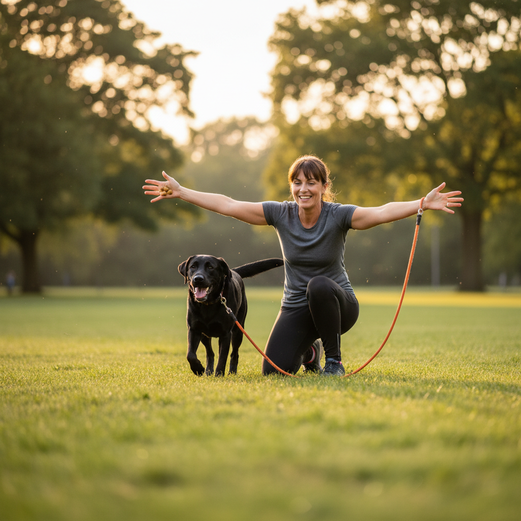 Owner practicing recall training with a dog on a long line in a park