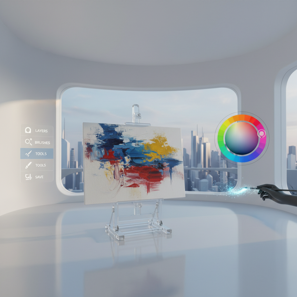 VR painting app interface on a virtual canvas with brushes and color palette