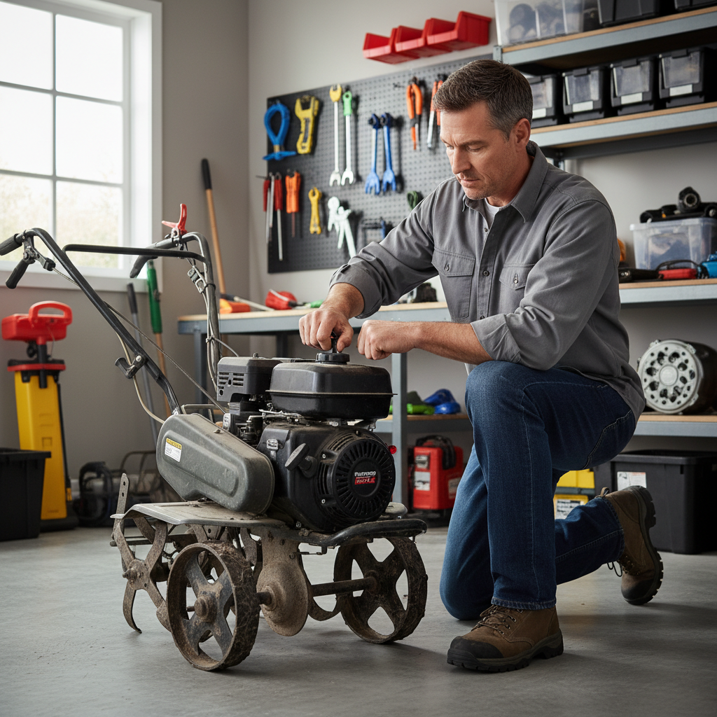 Homeowner inspecting a walk-behind garden tiller before starting after storage