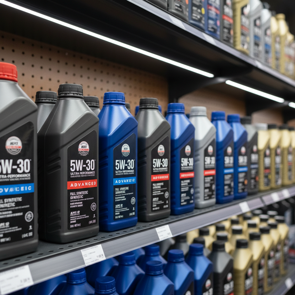 Full synthetic 5W-30 motor oil bottles on an auto parts shelf with API and ILSAC ratings visible