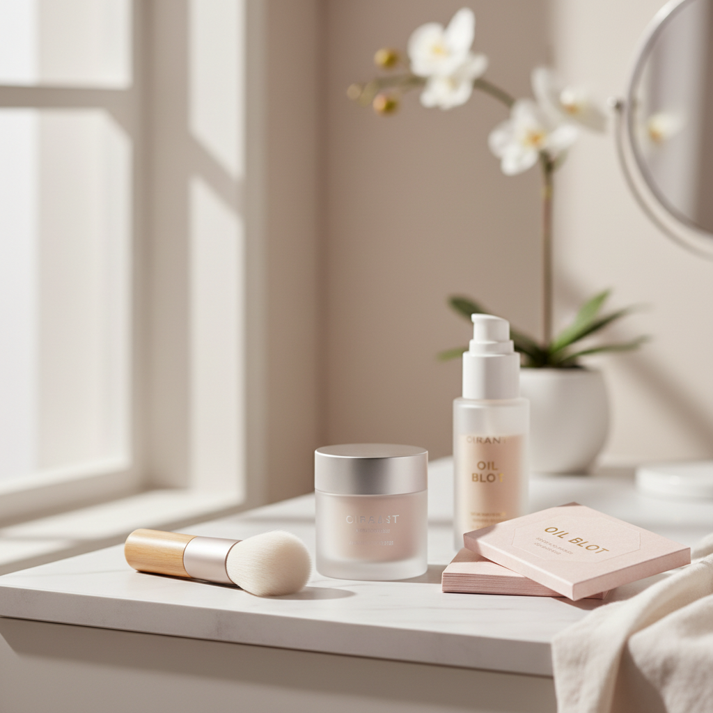 Setting powder and oily skin makeup routine on vanity