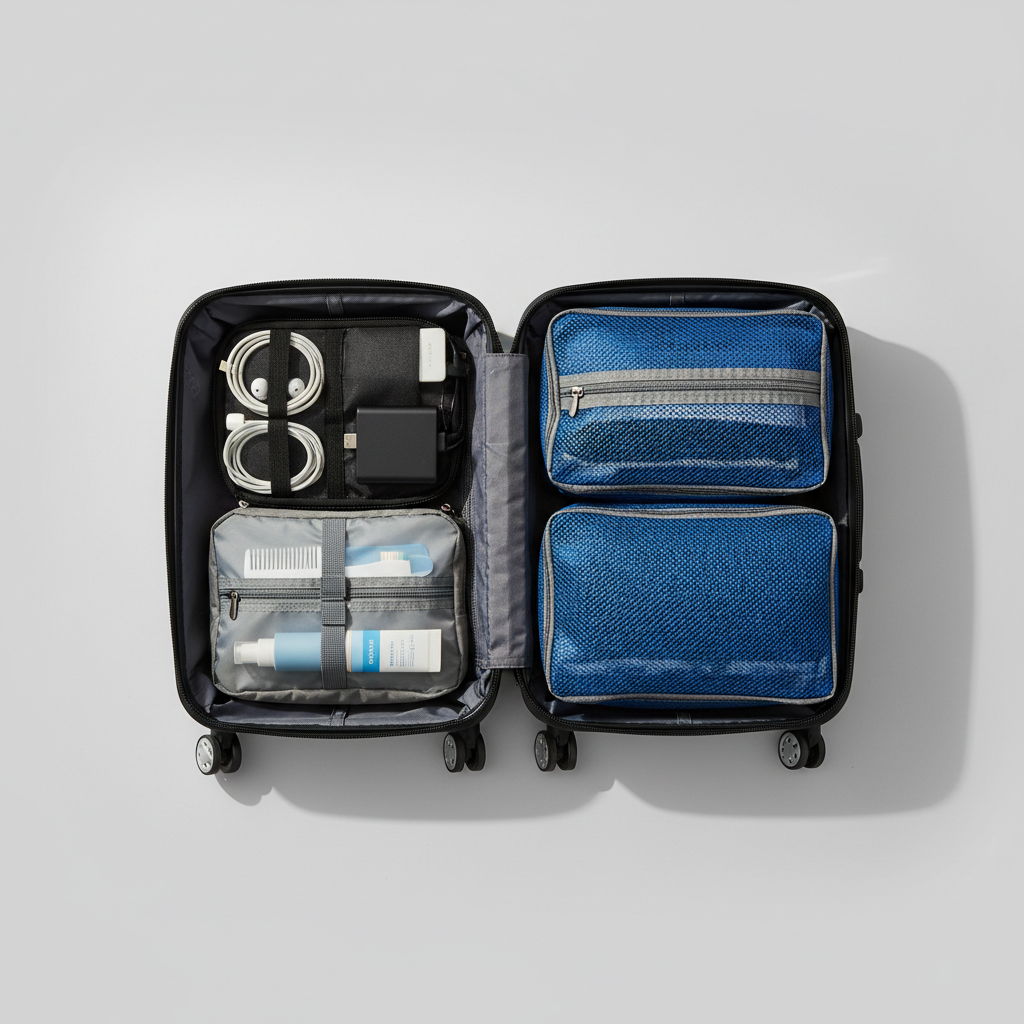 Packing cubes and tech organizer in a carry-on suitcase