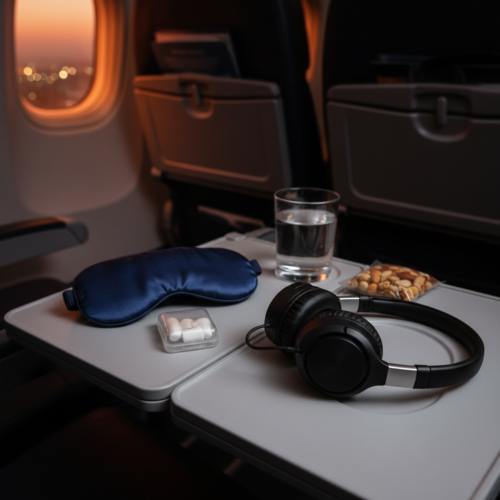 Eye mask and earplugs on an airplane tray table for better sleep