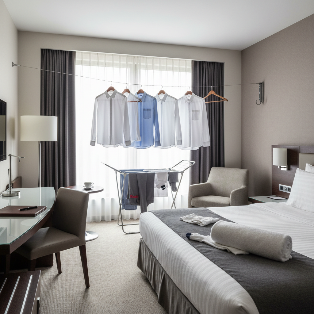 Hotel room quick laundry drying setup with towels and hangers