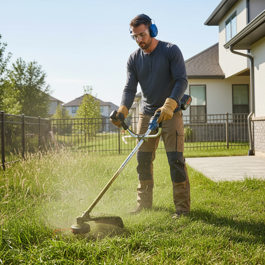Homeowner wearing eye and ear protection while trimming tall grass safely