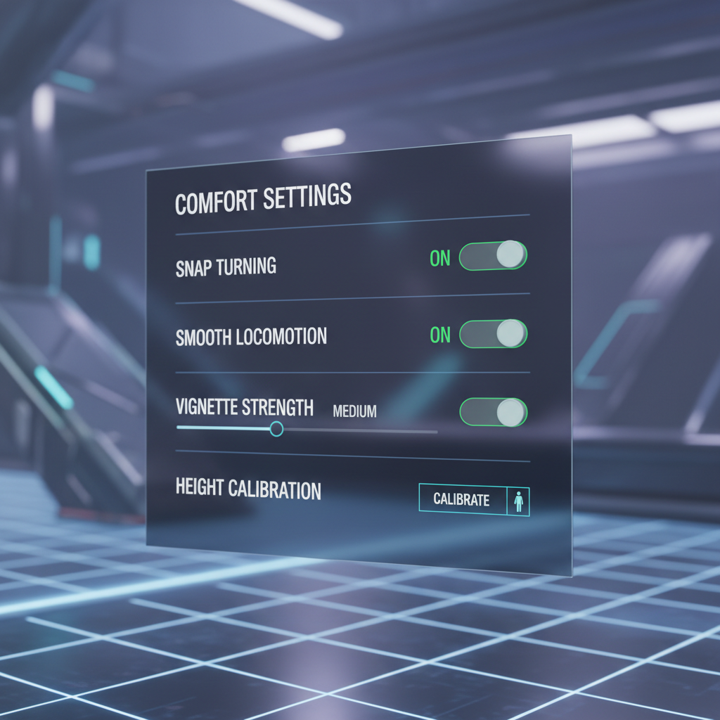 Comfort settings menu for VR shooter showing snap turn and vignette options