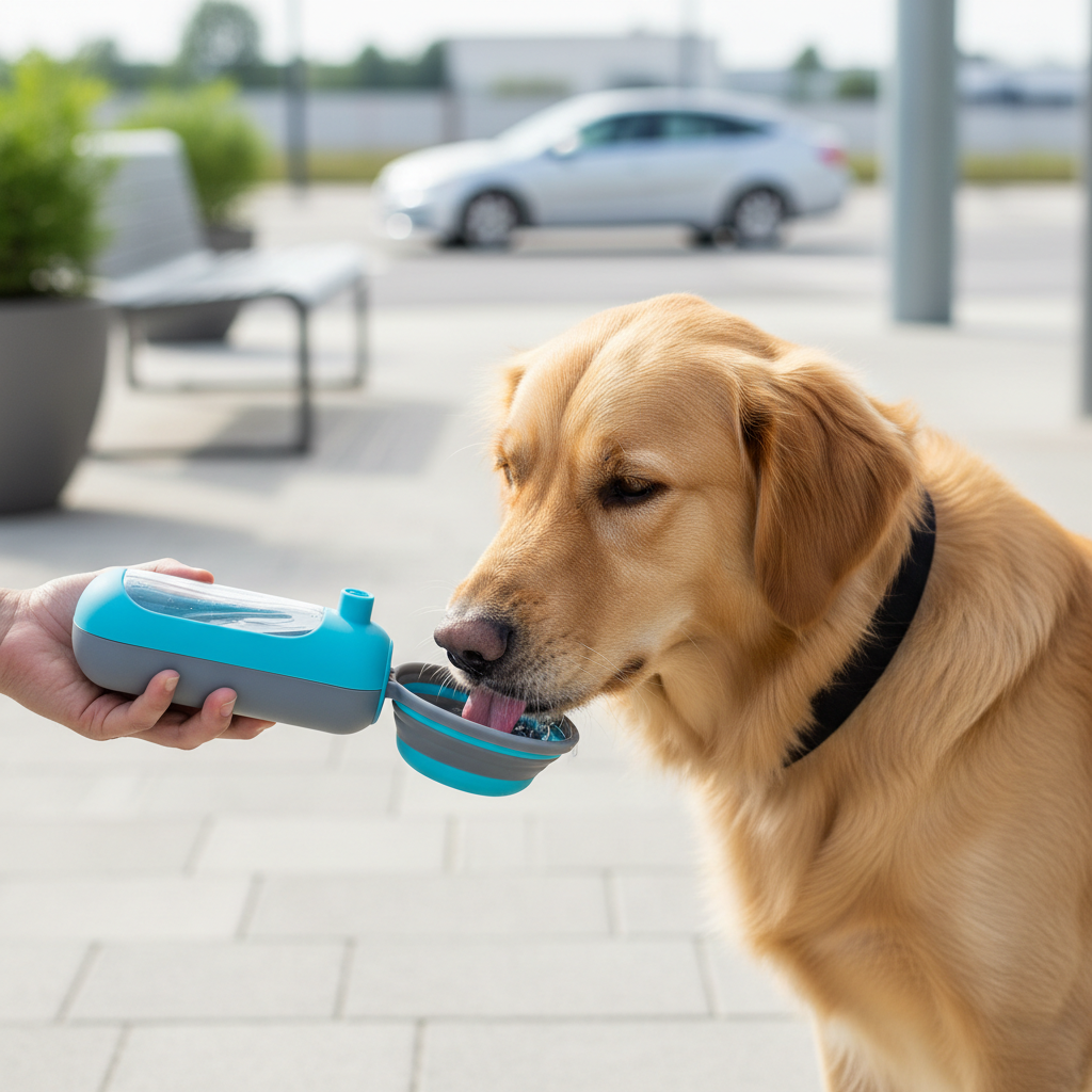Dog drinking from a travel pet water bottle at a roadside stop