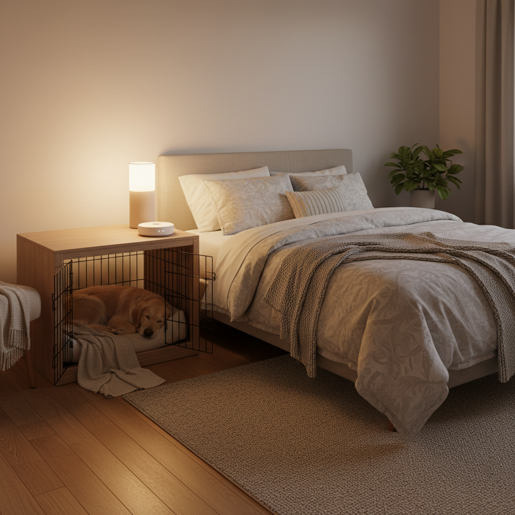 Crate training setup in a bedroom with crate next to bed and white noise machine