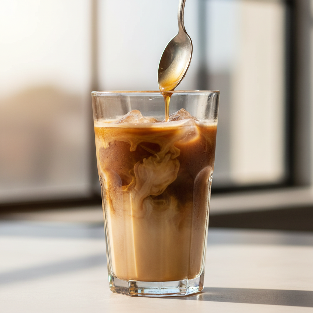 Iced coffee with milk and simple syrup being stirred