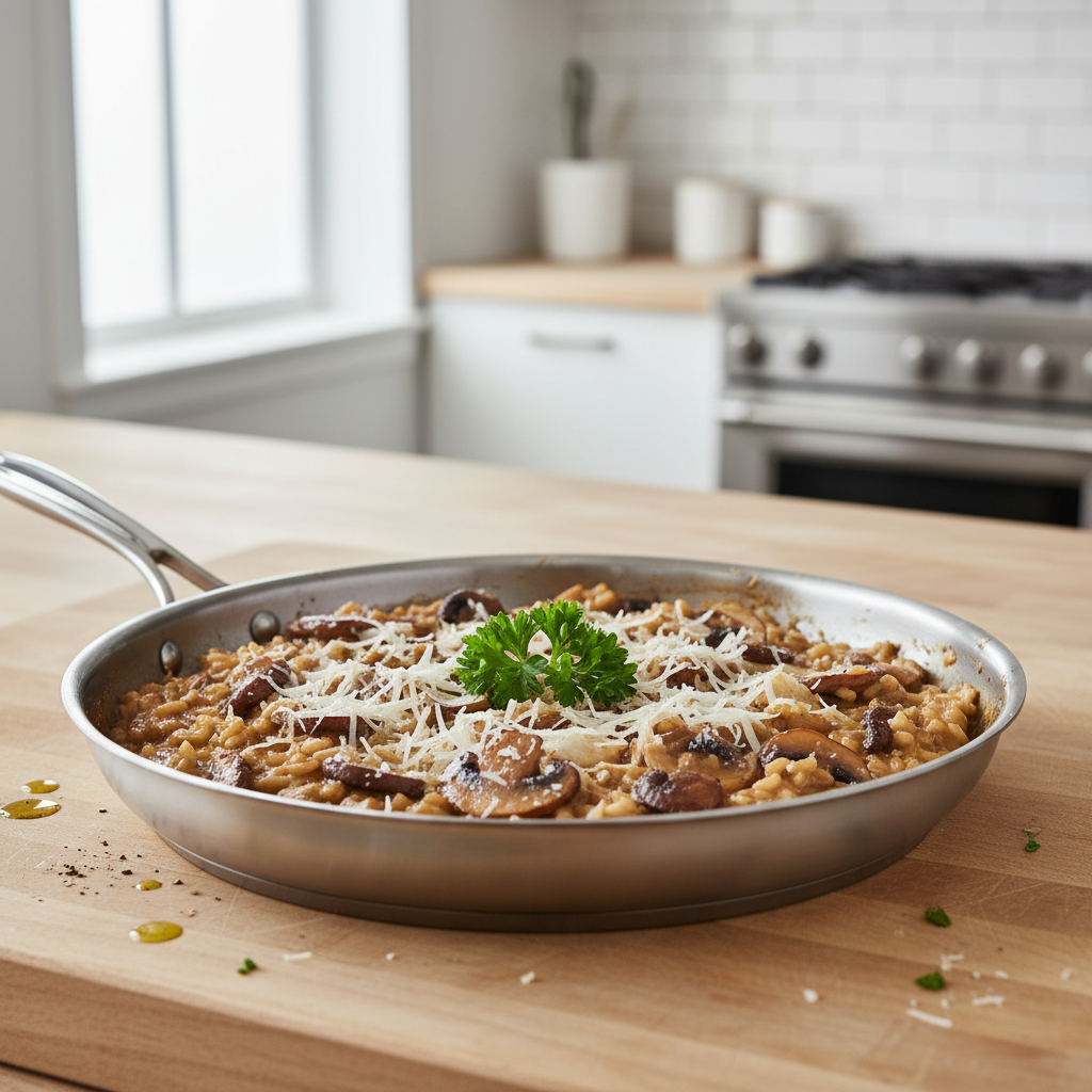 Creamy mushroom risotto in a skillet with parmesan and herbs