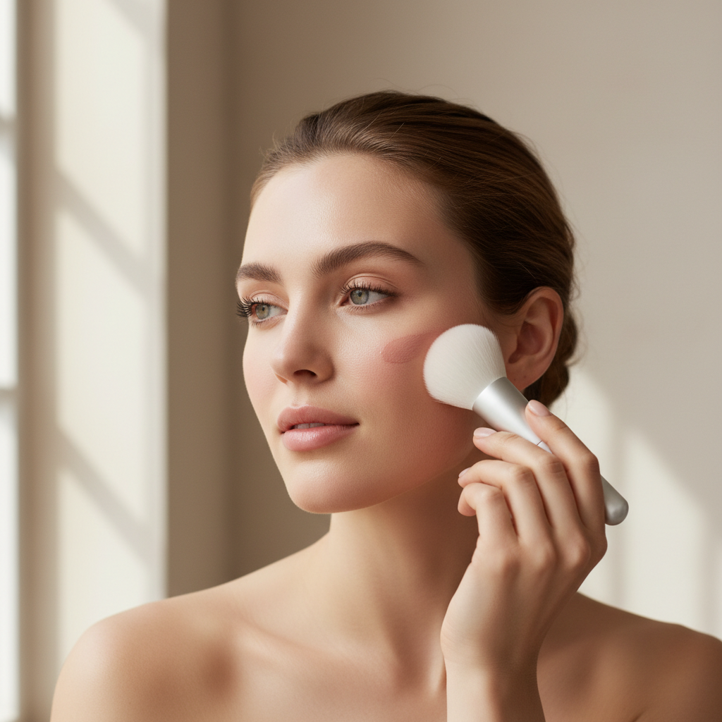 Fair skin blush application showing placement and blending for a natural flush