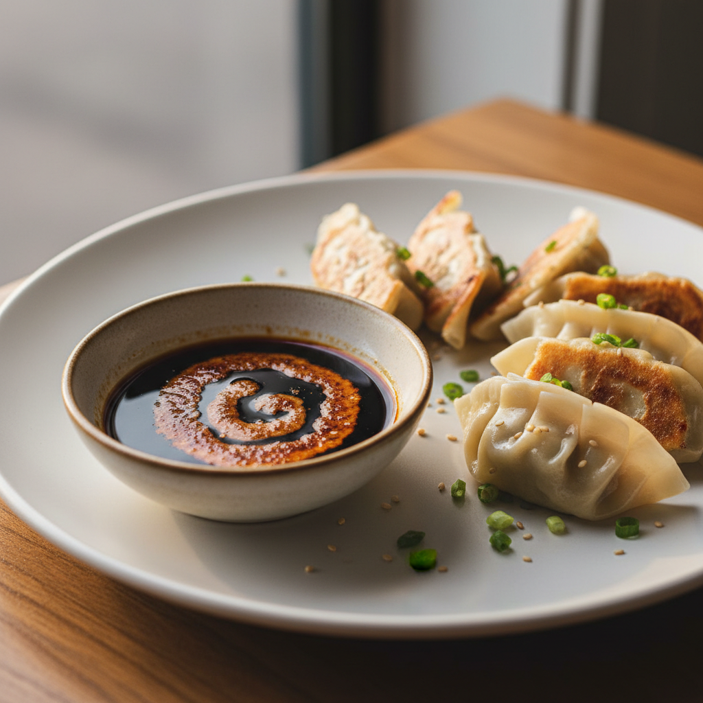 Gyoza dipping sauce with soy sauce vinegar and chili oil