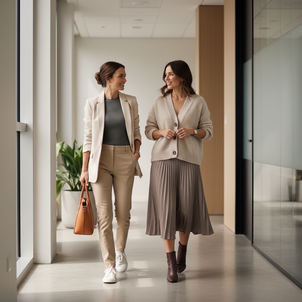 Casual work outfits for women in a modern office setting