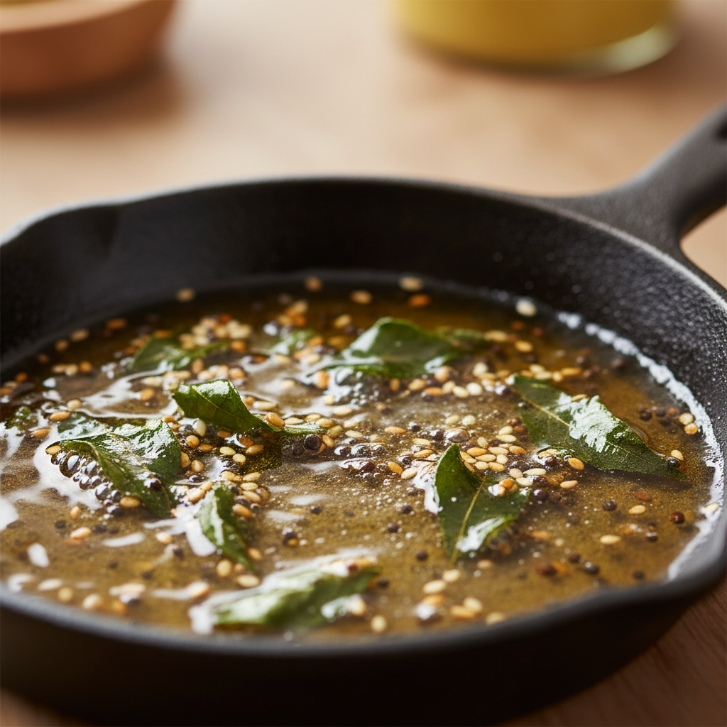 Mustard seed and curry leaf tempering for Gujarati khandvi in a small pan