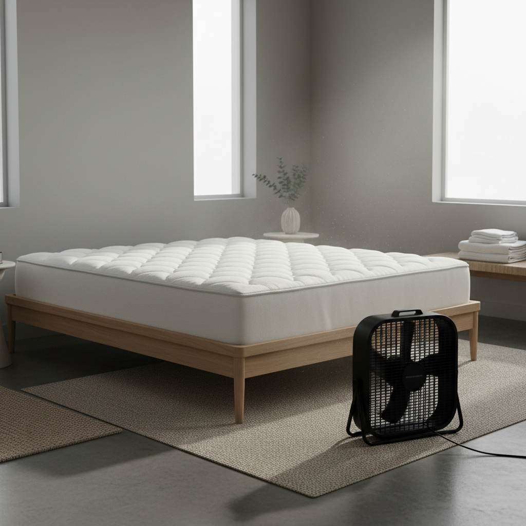 Fan drying a freshly cleaned mattress in a bright bedroom for odor removal