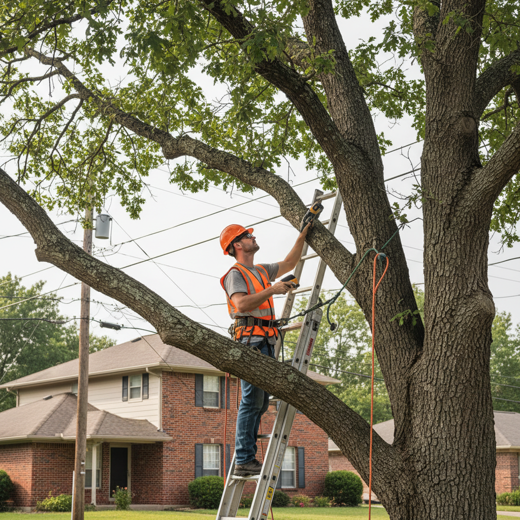 Certified arborist assessing tall tree branches near a house and power lines