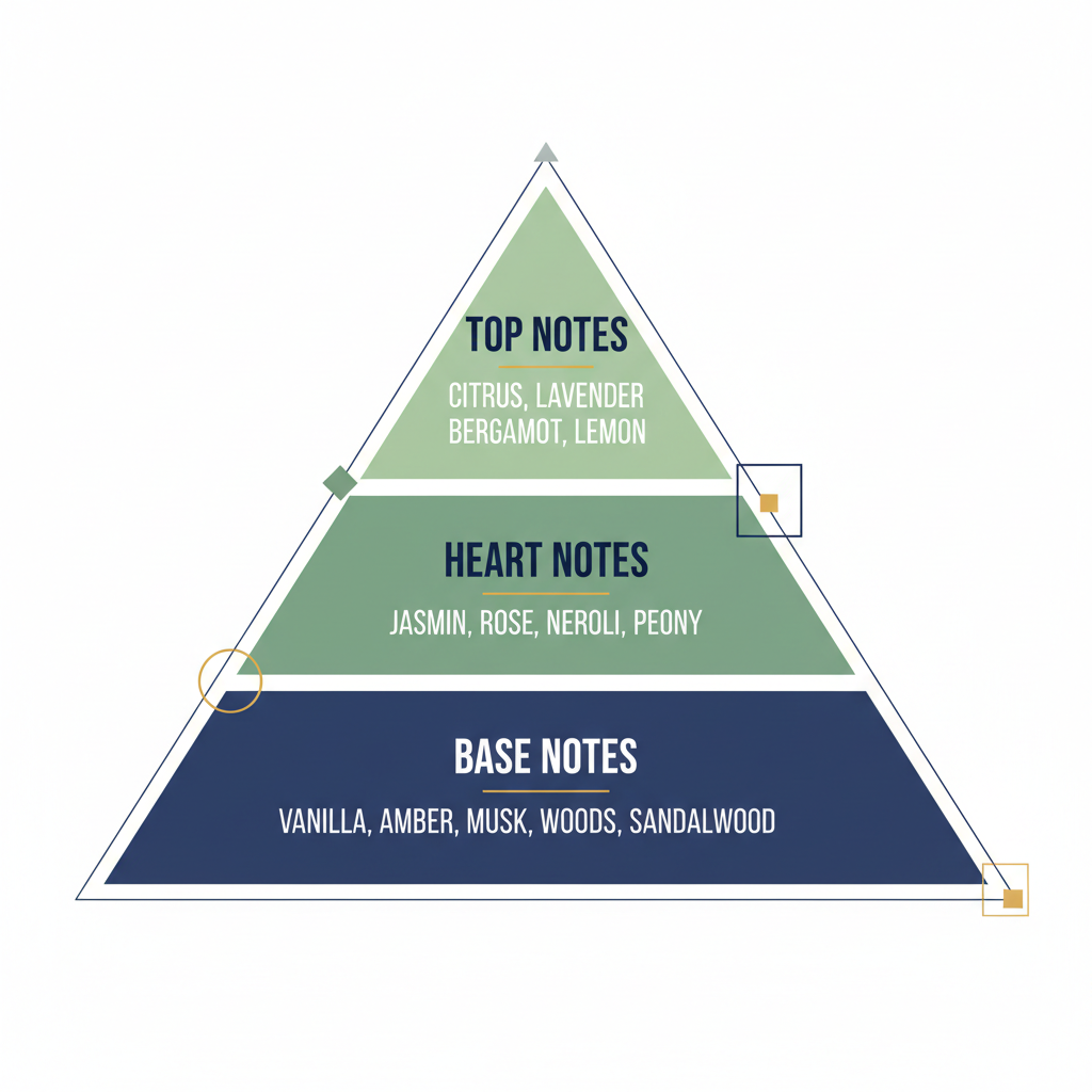 Perfume note pyramid showing top middle base notes for long lasting fragrance