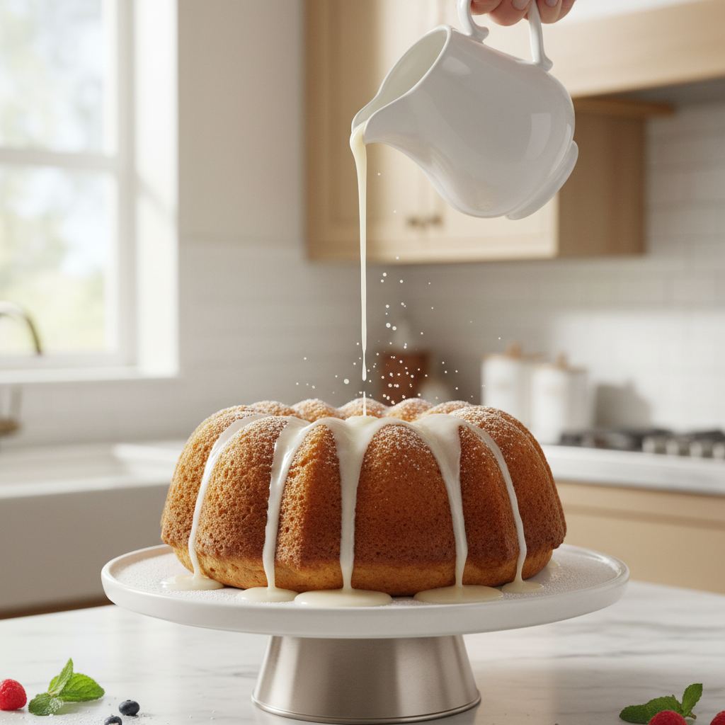 Drizzling simple sugar icing over a bundt cake for a smooth finish