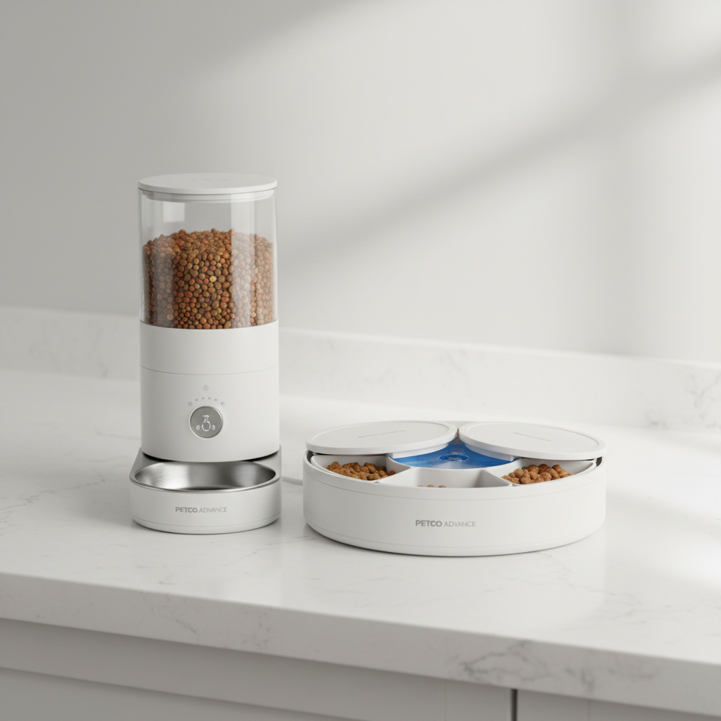 Comparison of dry food auger feeder and wet food tray feeder on a countertop