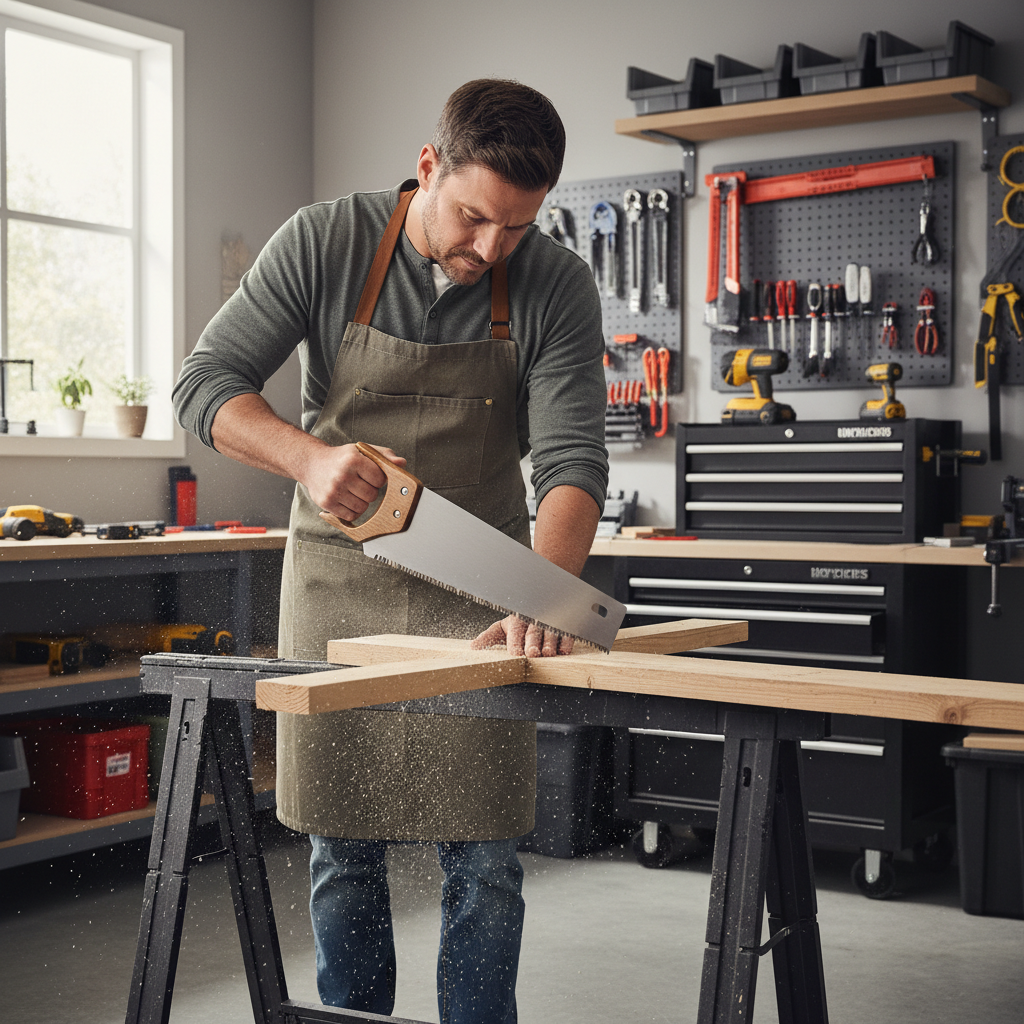 DIYer crosscutting 2x lumber with a panel saw on sawhorses for quick wood cuts