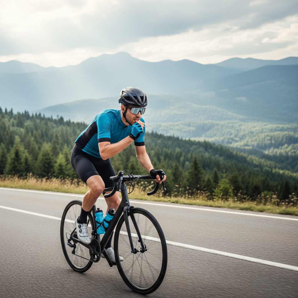 Cyclist fueling with snack bar and sports drink during a ride