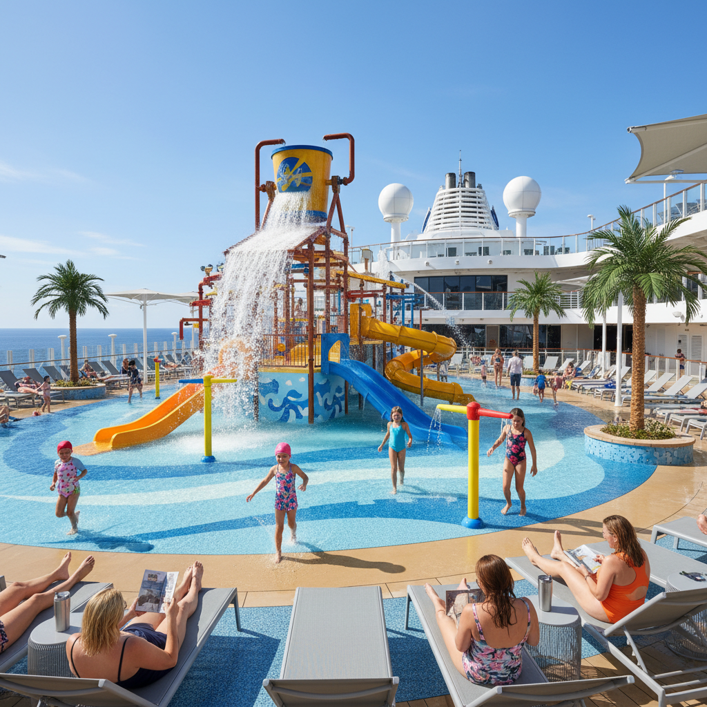 Kids enjoying a family-friendly cruise ship pool deck with water features