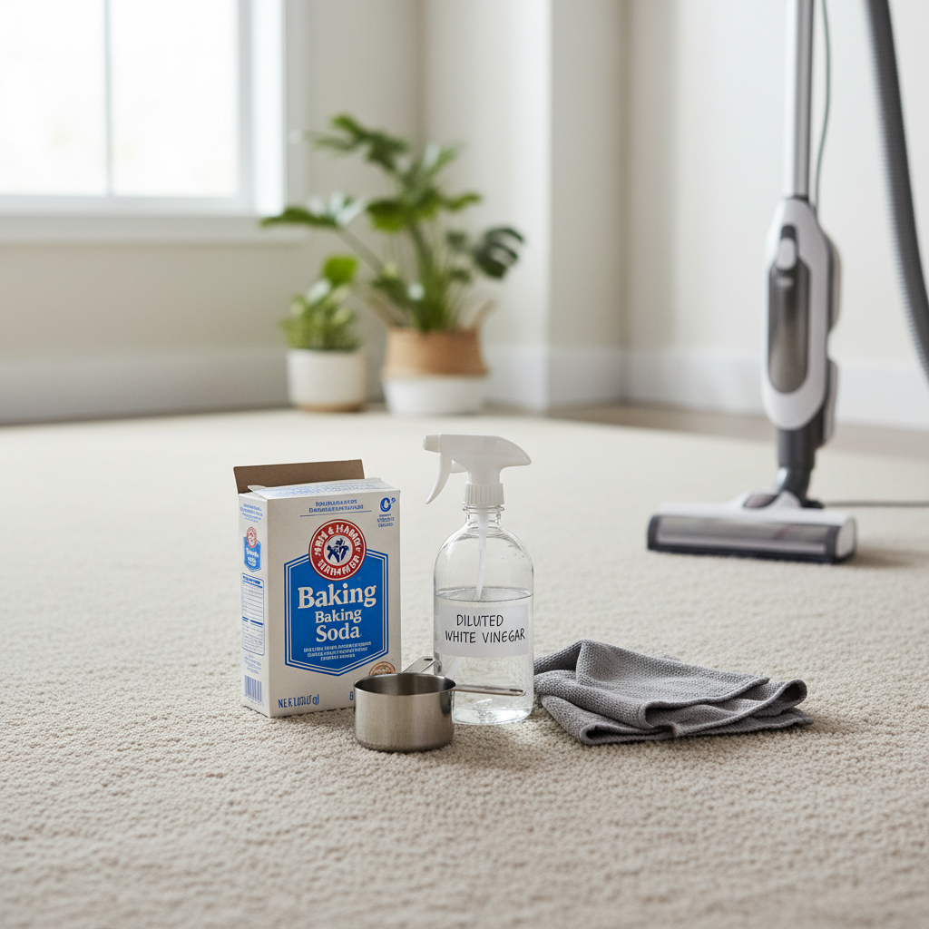 Natural carpet deodorizing supplies like baking soda, white vinegar, spray bottle, and a vacuum on a living room rug