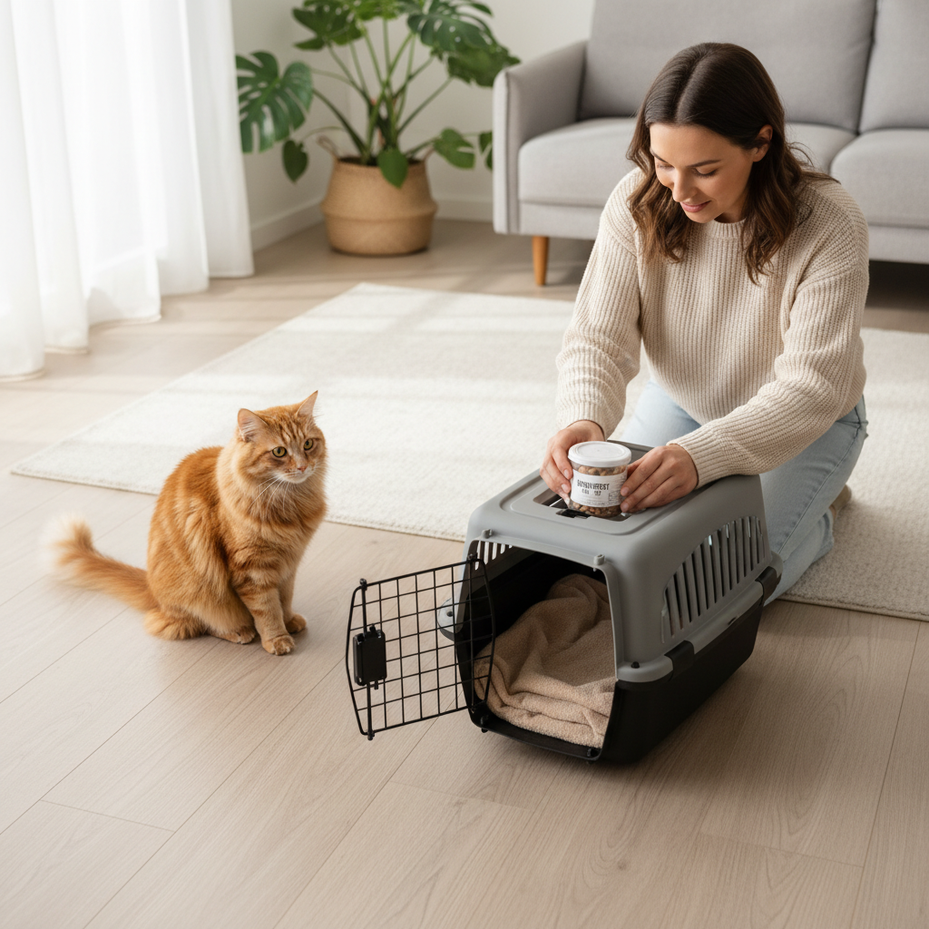 Owner preparing a cat carrier with a soft towel and treats for a calm vet visit