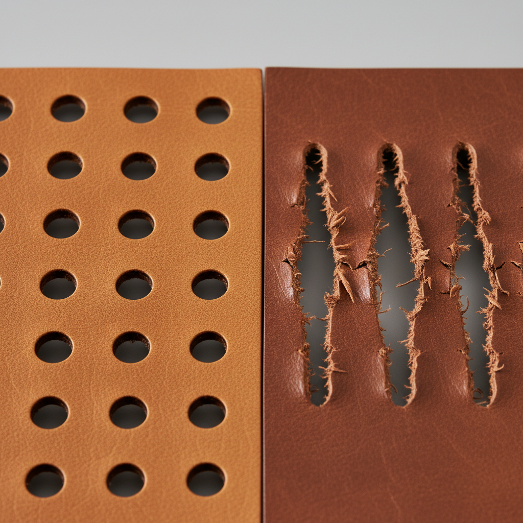 Close-up comparison of clean punched holes versus ragged holes in leather