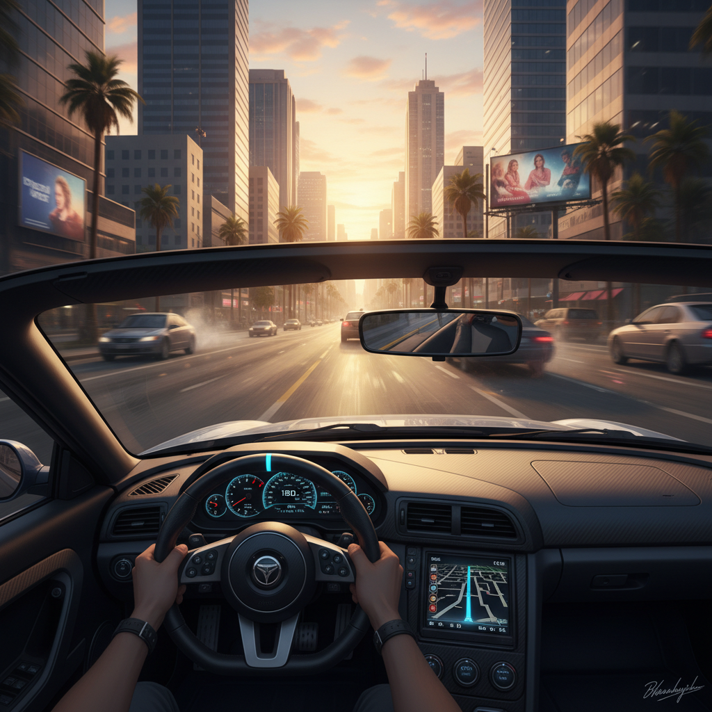 In-game GTA V first-person view in VR with city streets and car interior