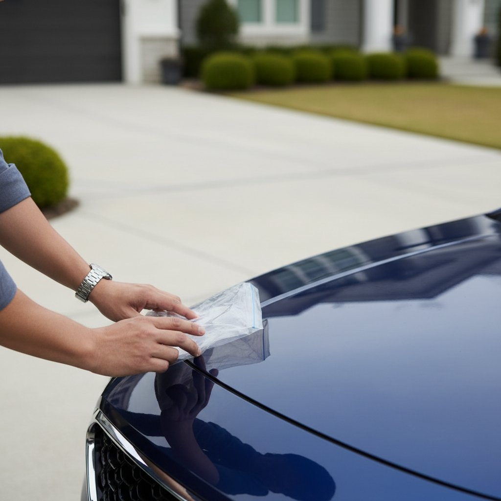 Hand checking rough car paint before clay bar decontamination