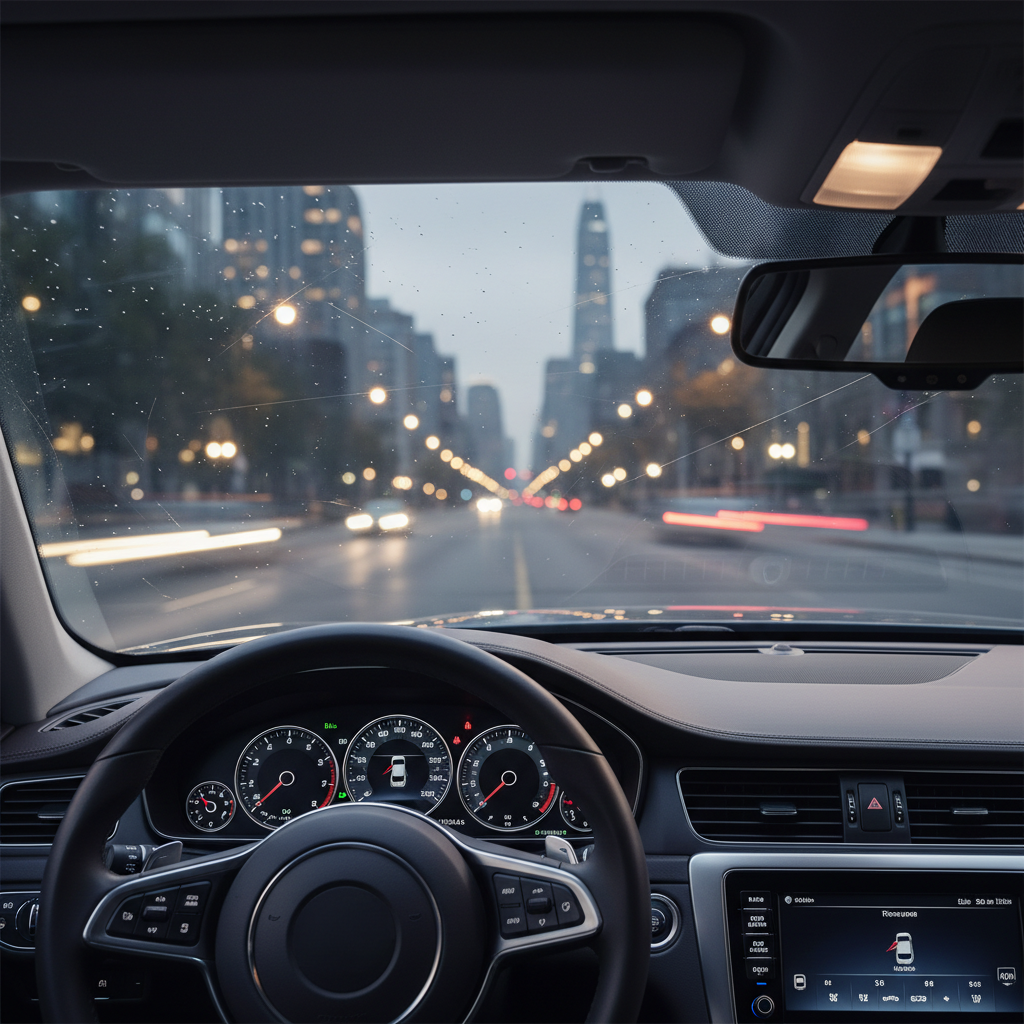 Driver view through a clear windshield with reduced glare at night