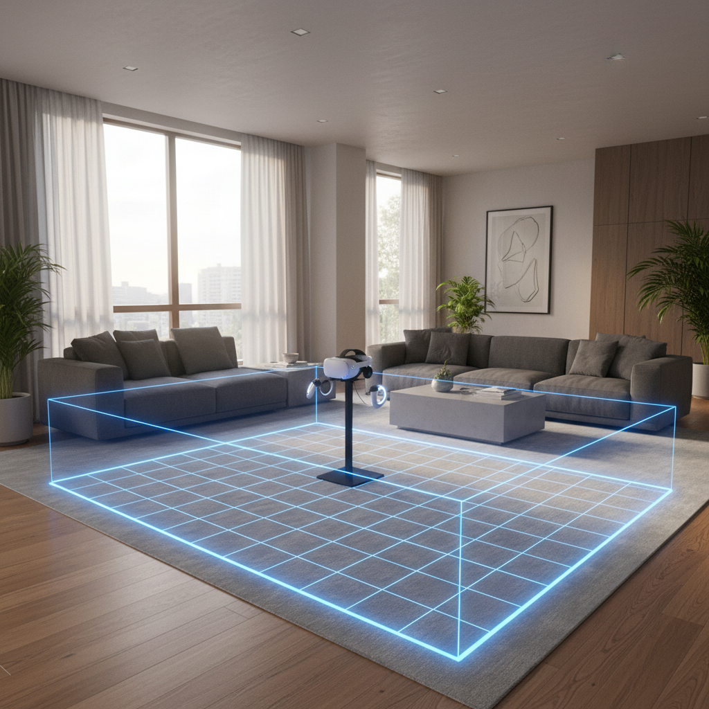 Roomscale VR play area with boundary lines and headset on stand