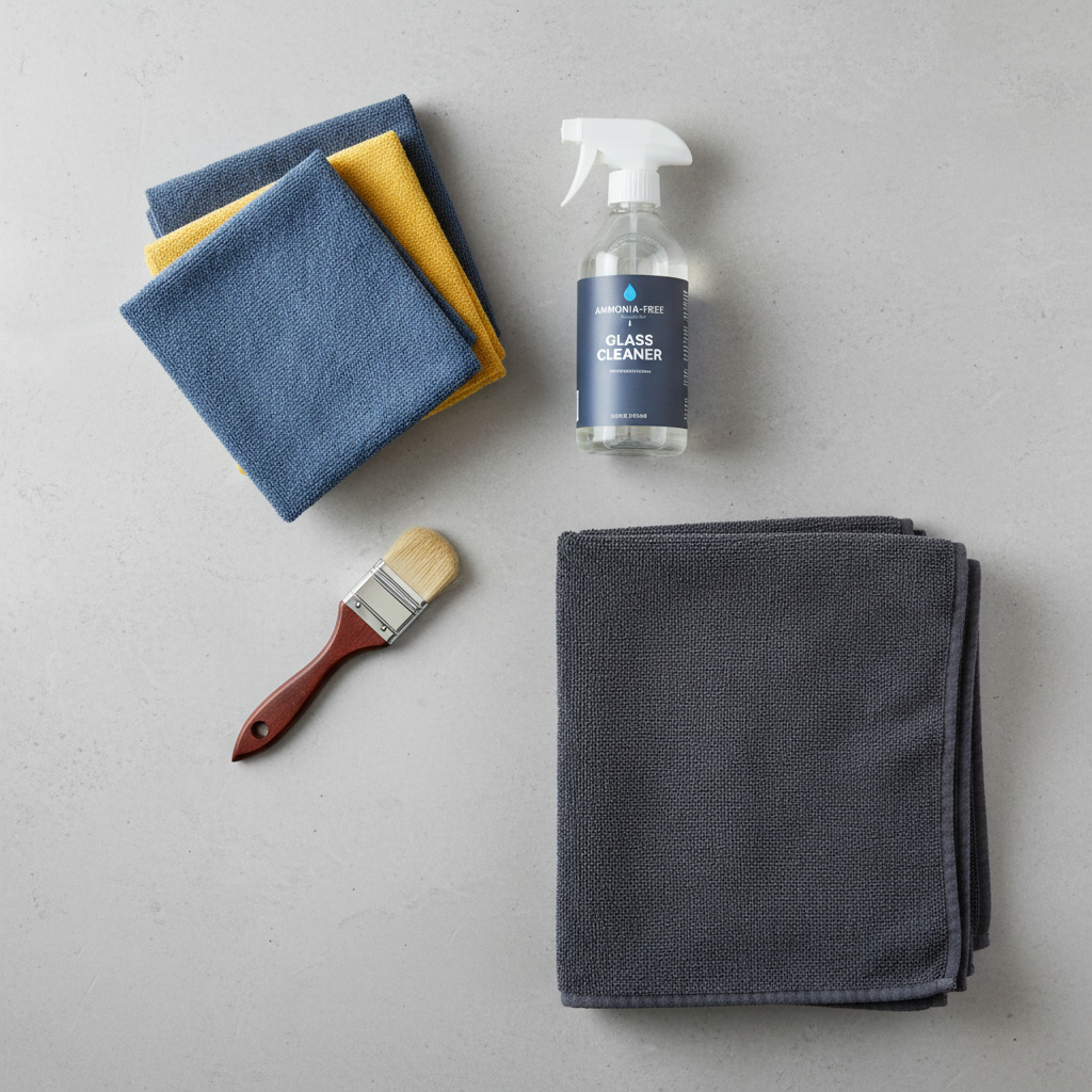 Microfiber towels and ammonia-free glass cleaner for interior windshield cleaning