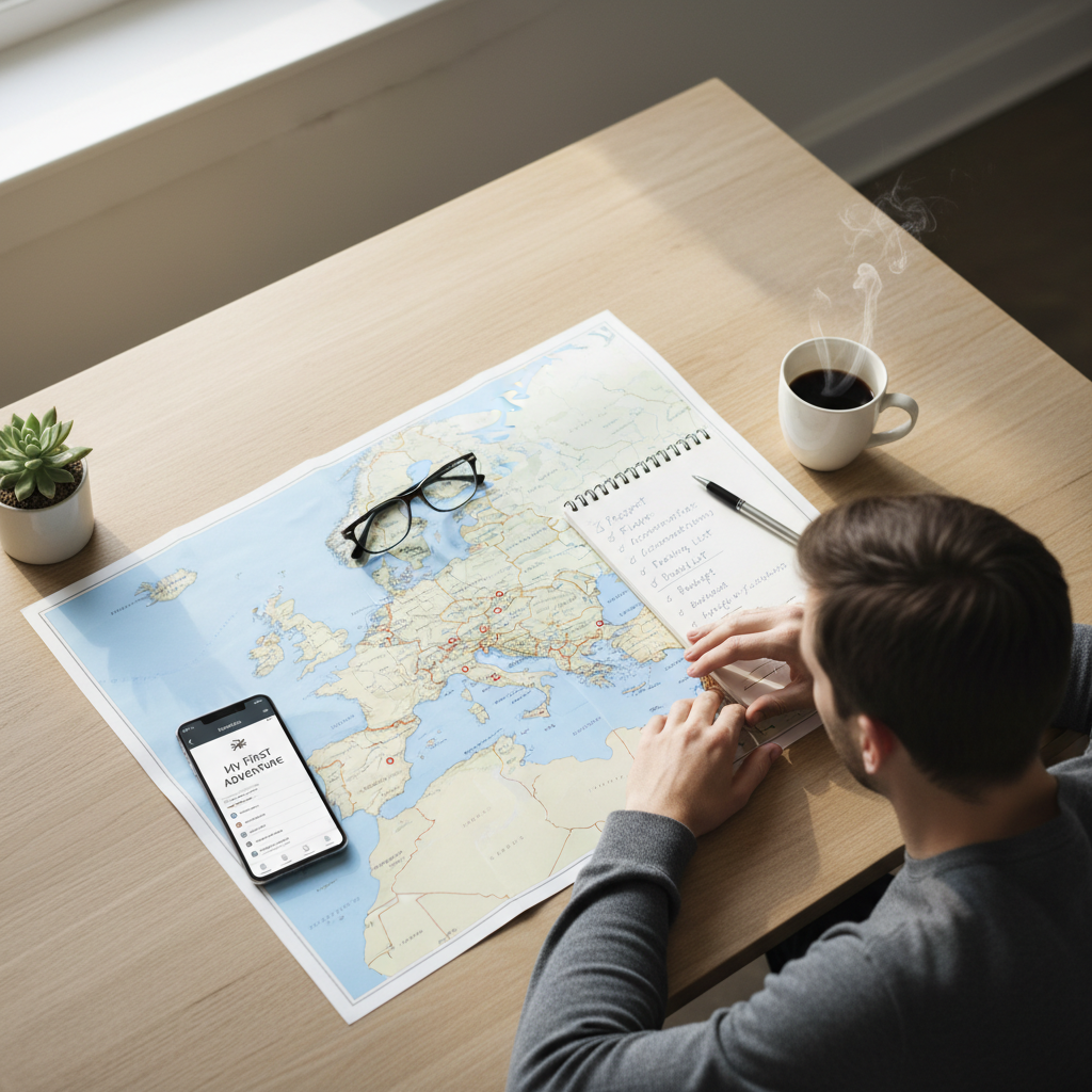 Beginner traveler planning a first trip with map, phone, and notebook