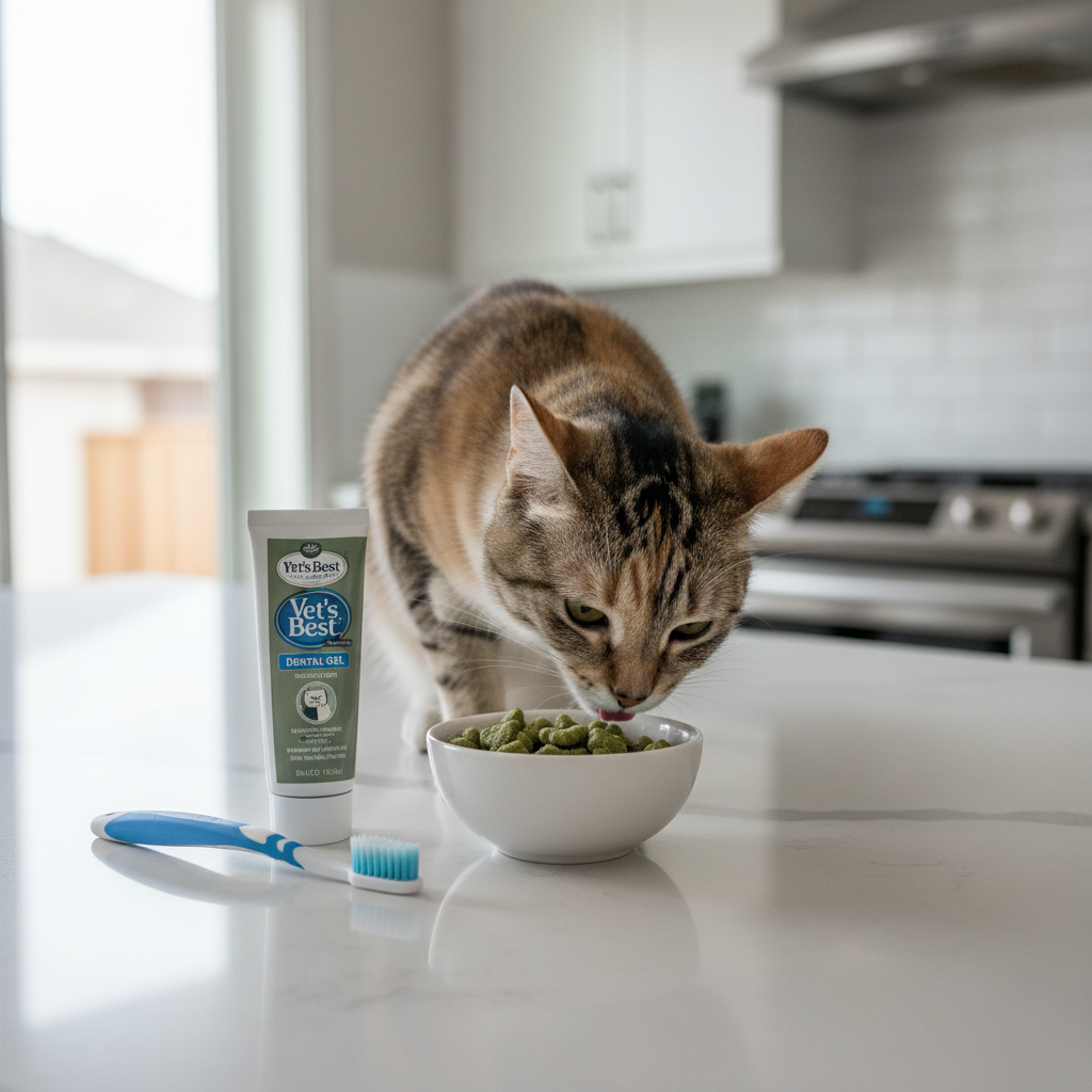 Cat sniffing dental treats next to toothbrush and toothpaste