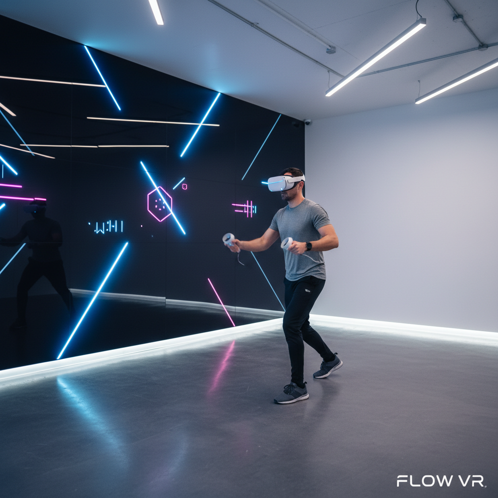 VR rhythm game scene with neon targets and an adult player in a spacious room