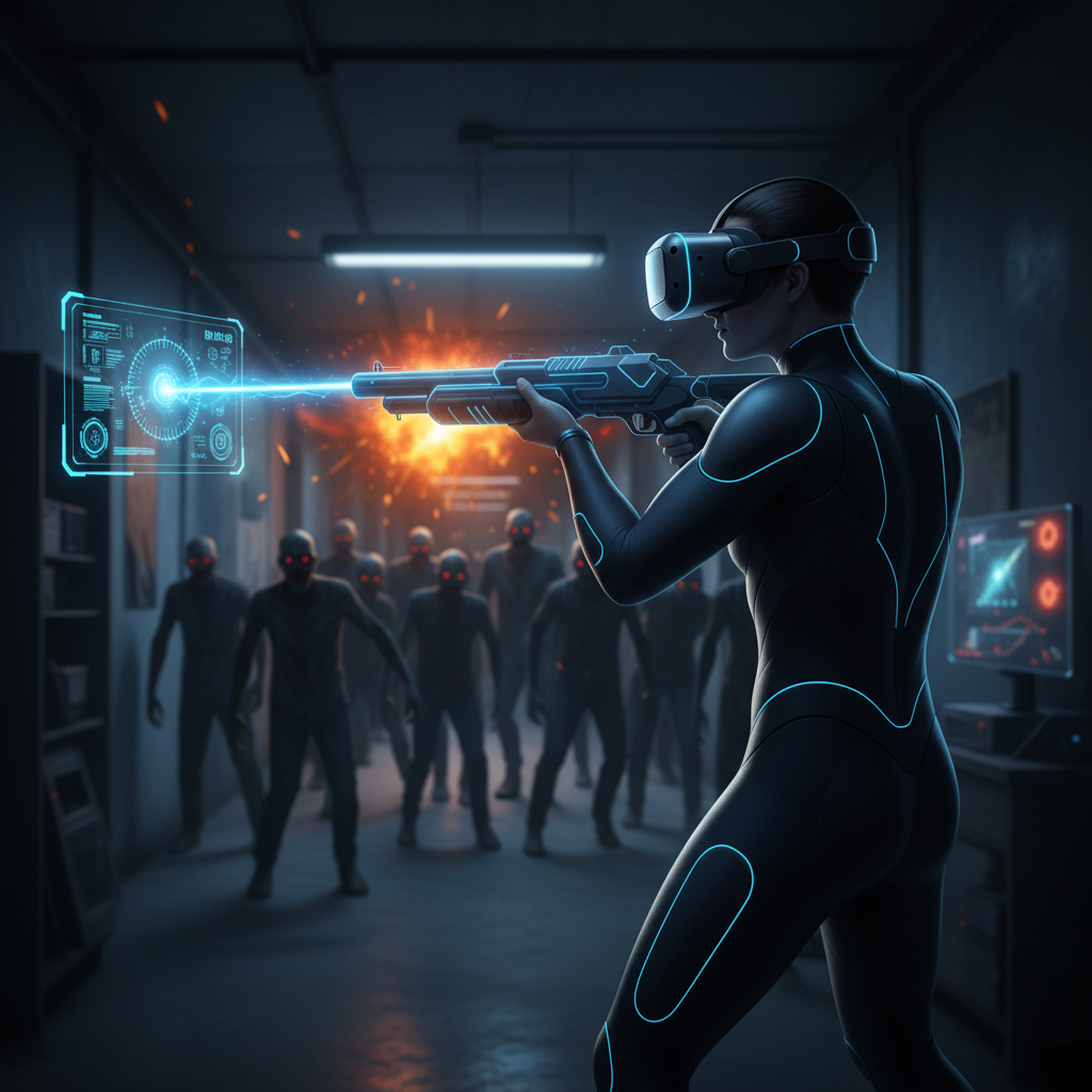 Player aiming a VR shotgun at zombies in a dark hallway