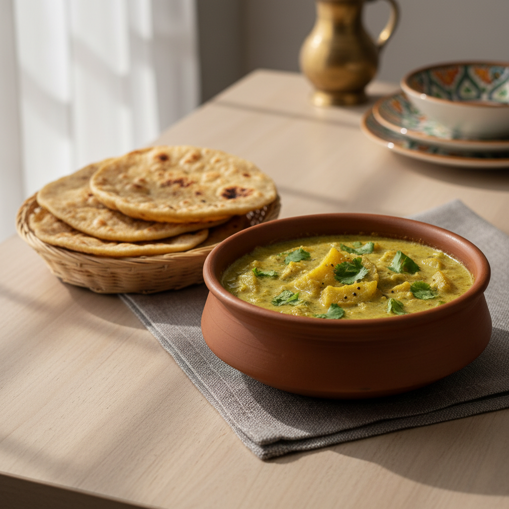 Lauki ki sabzi bottle gourd curry served with roti and cilantro