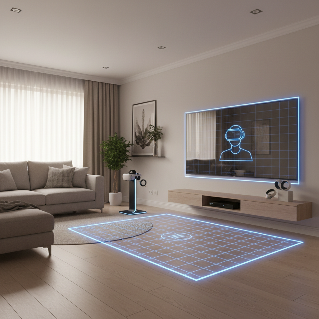 Safe VR play area setup with boundary space and headset accessories