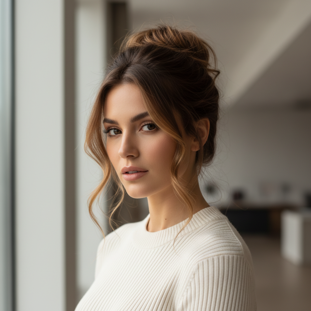 Messy bun for long hair with face-framing pieces