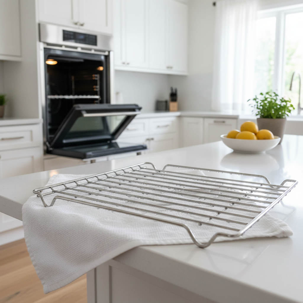 Clean oven racks drying on a towel next to an open oven in a bright kitchen
