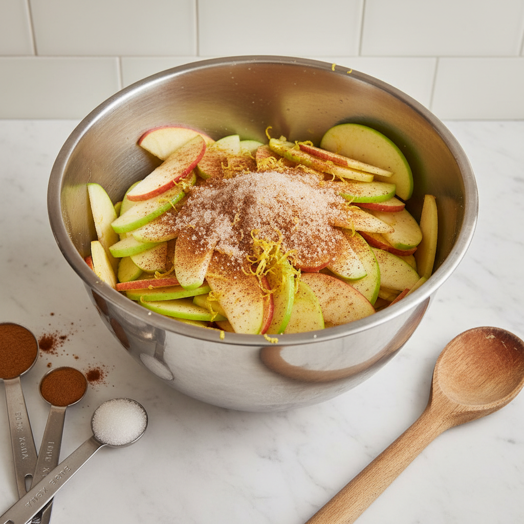 Fresh apples sliced for homemade apple pie filling with spices and sugar