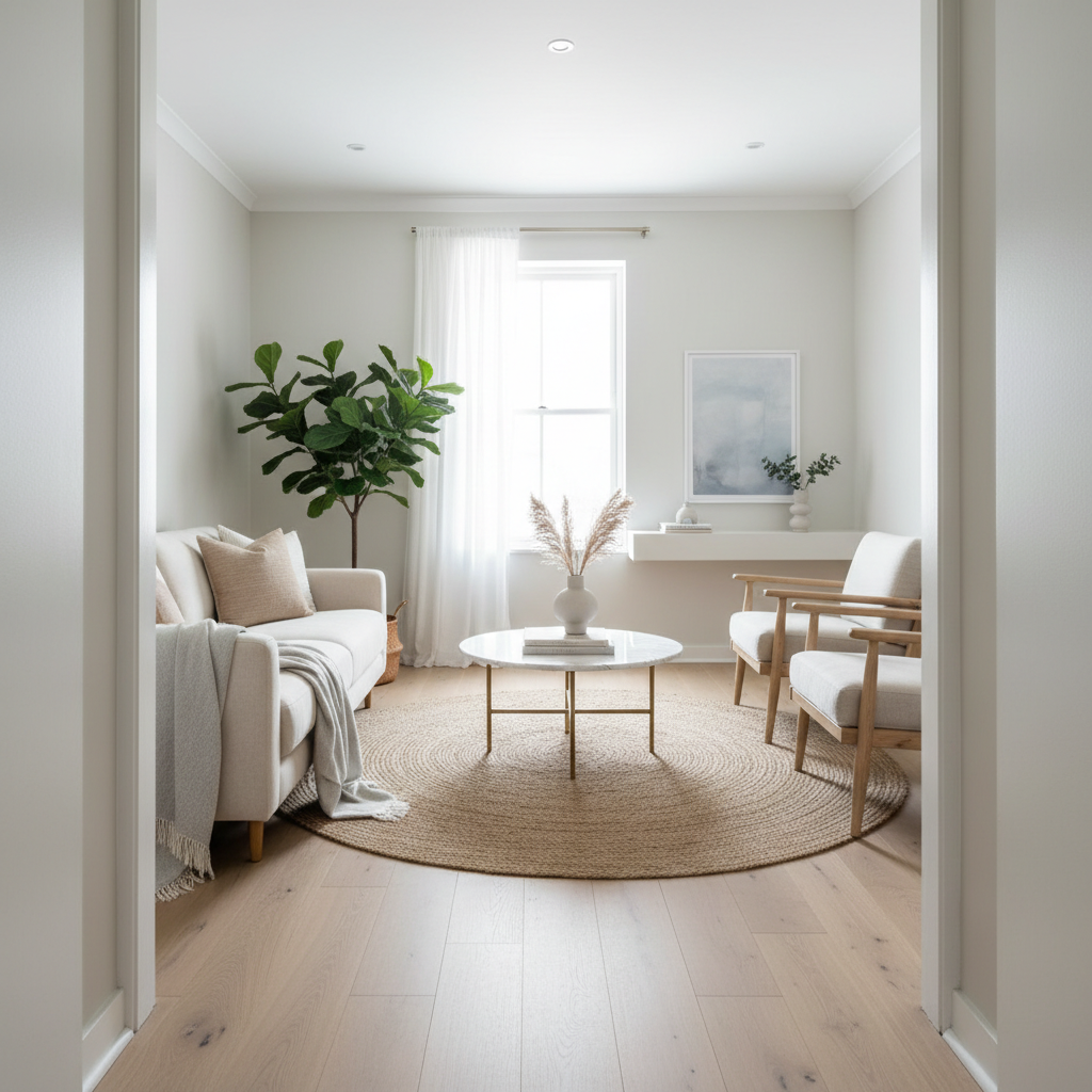 Small living room layout with clear walkway and minimal visual clutter