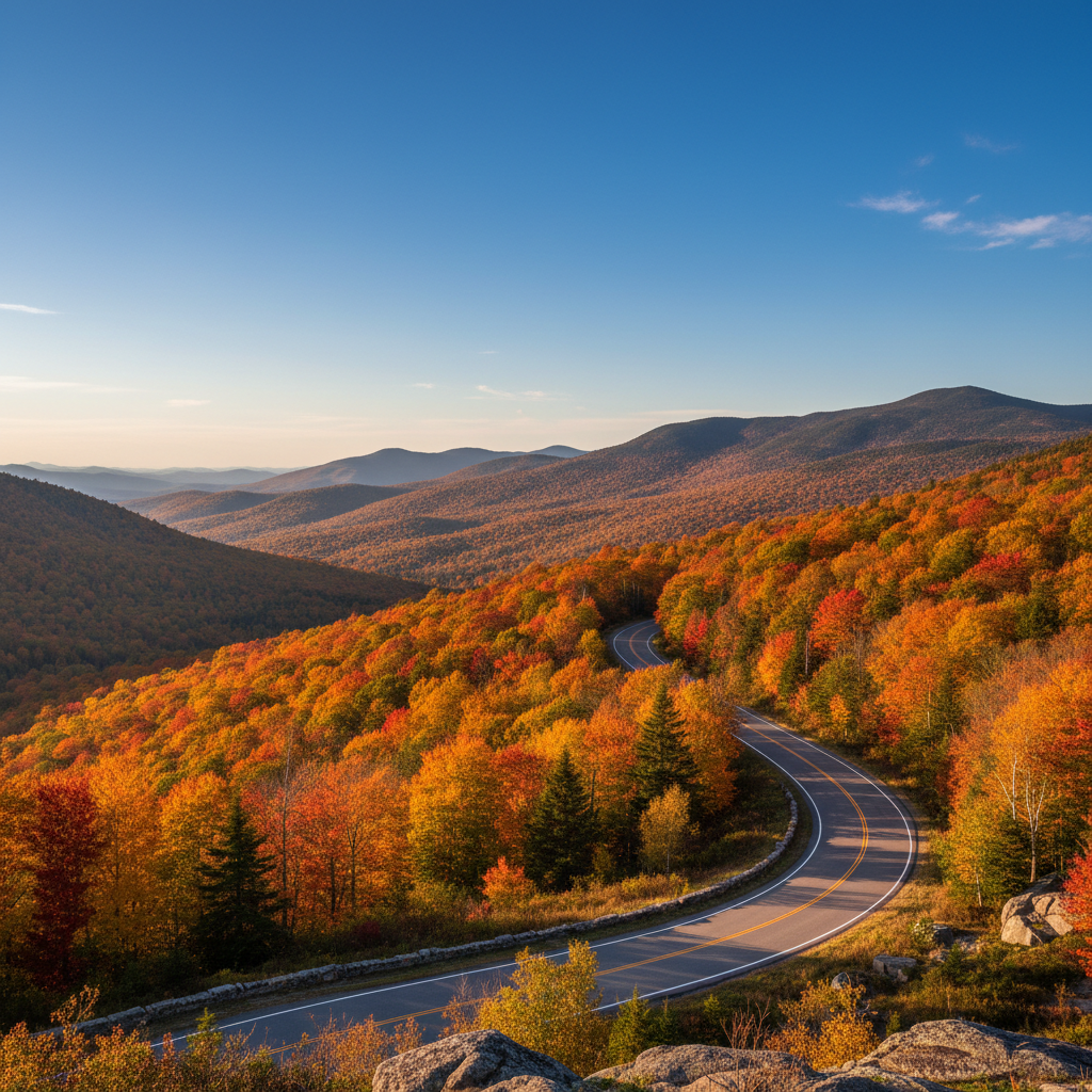 Scenic autumn drive through the White Mountains with bright foliage