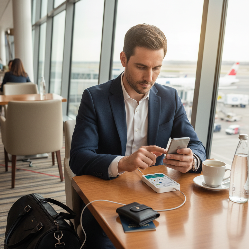 Traveler connecting a portable WiFi hotspot to a phone in an airport